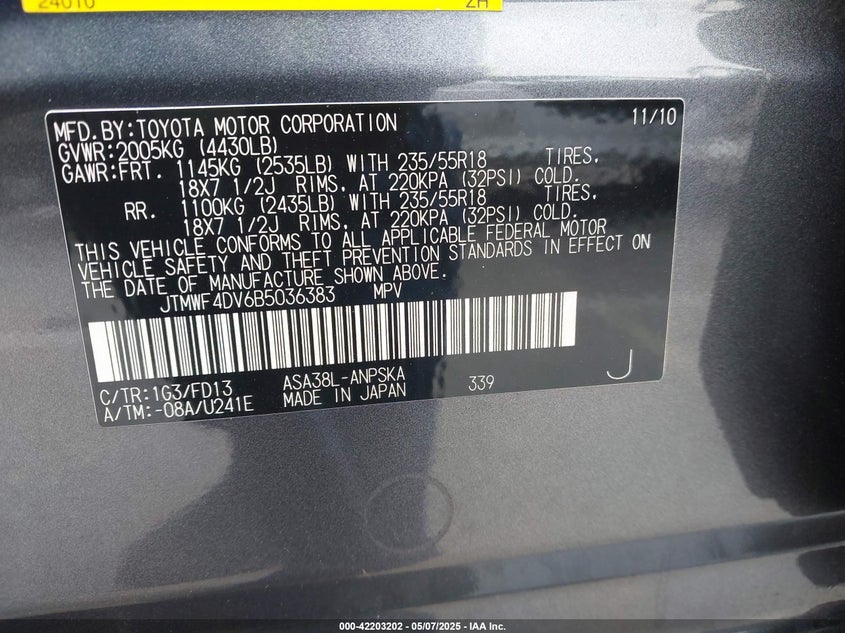 2011 TOYOTA RAV4 VIN: JTMWF4DV6B5036383
