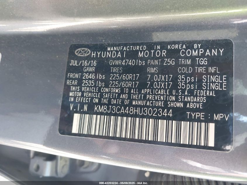 2017 Hyundai Tucson Se VIN: KM8J3CA48HU302344 Lot: 42203224