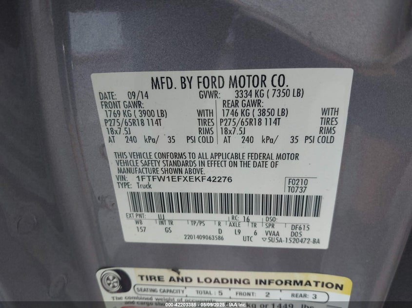 2014 FORD F-150 VIN: 1FTFW1EFXEKF42276