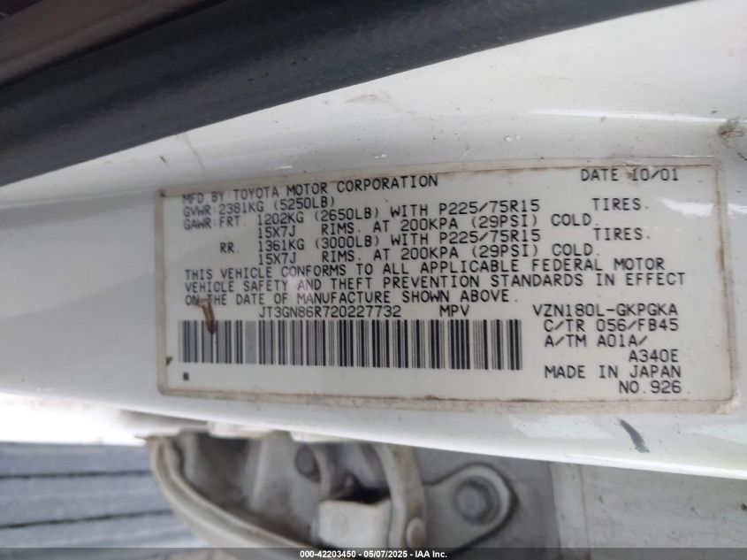 2002 Toyota 4Runner Sr5 V6 VIN: JT3GN86R720227732 Lot: 42203450