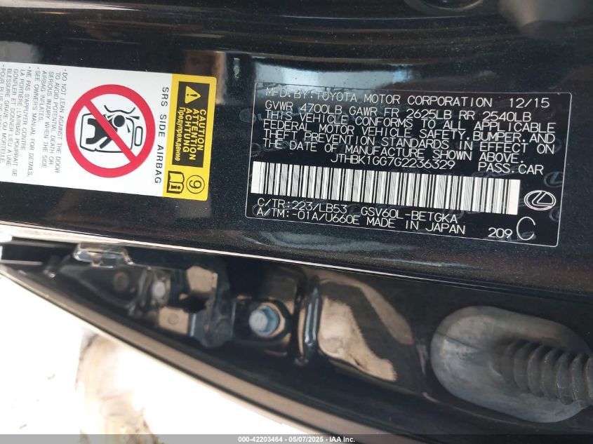 2016 Lexus Es 350 VIN: JTHBK1GG7G2236329 Lot: 42203464