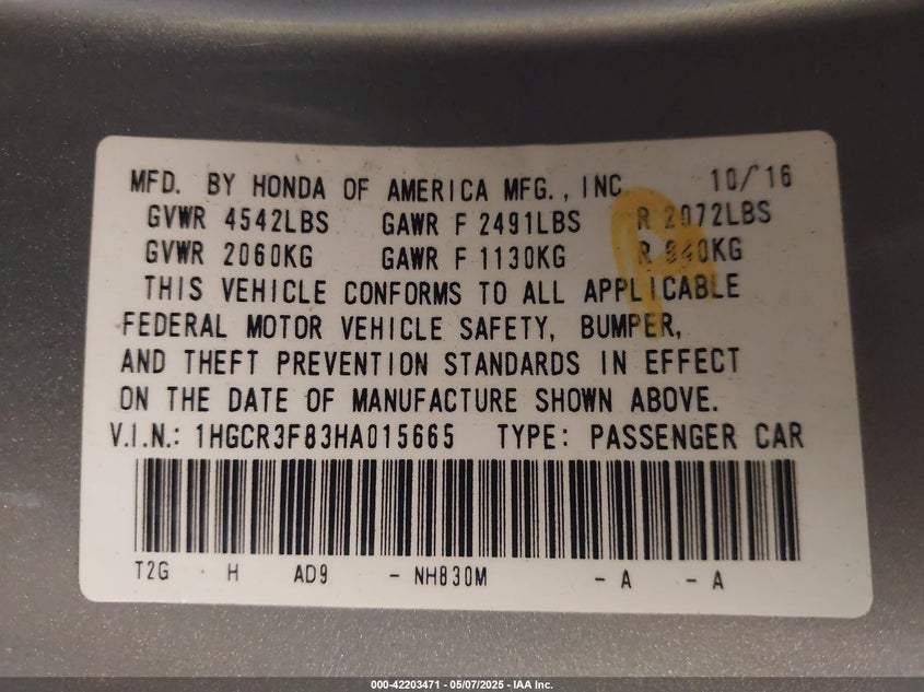 2017 HONDA ACCORD EX-L V6 - 1HGCR3F83HA015665