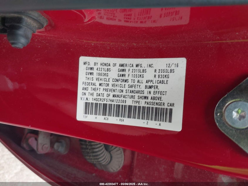 2017 HONDA ACCORD VIN: 1HGCR2F57HA122069