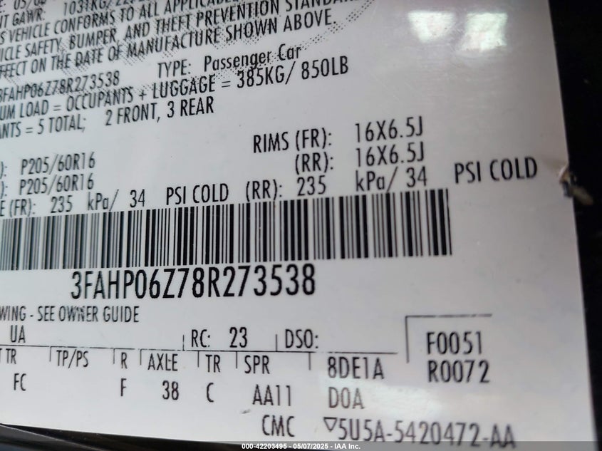 2008 FORD FUSION VIN: 3FAHP06Z78R273538