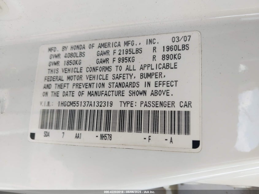 2007 HONDA ACCORD VIN: 1HGCM55137A132319