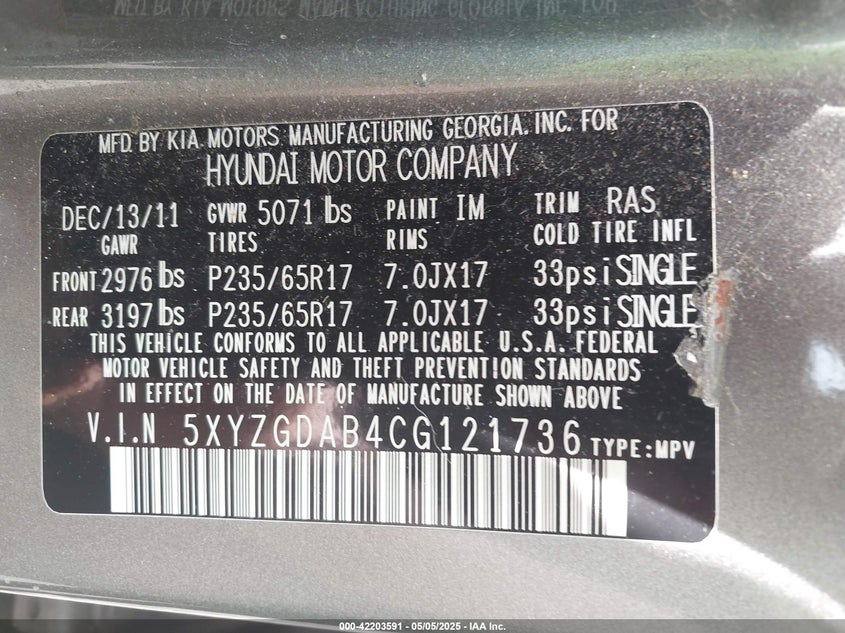 2012 HYUNDAI SANTA FE VIN: 5XYZGDAB4CG121736