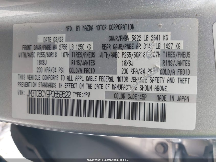 2023 MAZDA CX-9 VIN: JM3TCBCY9P0659522