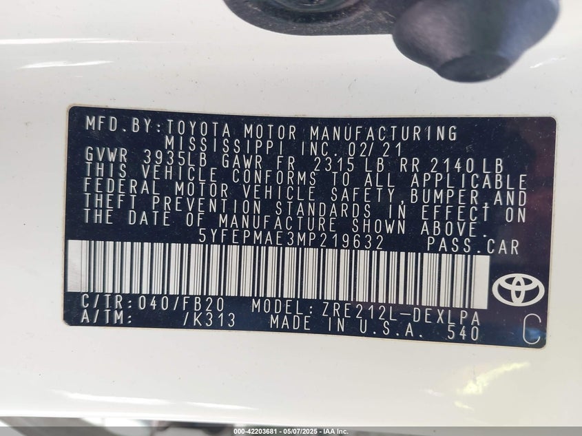 2021 TOYOTA COROLLA VIN: 5YFEPMAE3MP219632