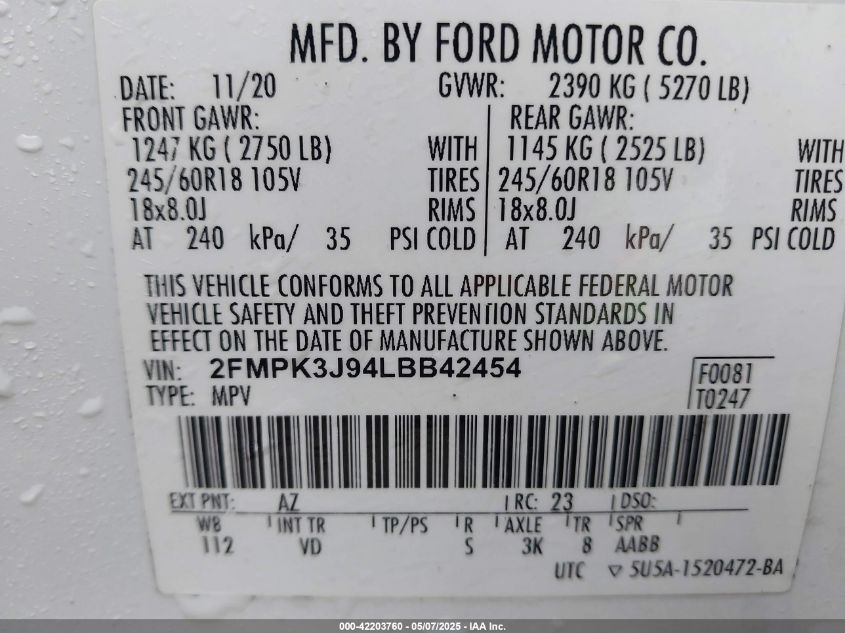 2020 Ford Edge Sel VIN: 2FMPK3J94LBB42454 Lot: 42203760