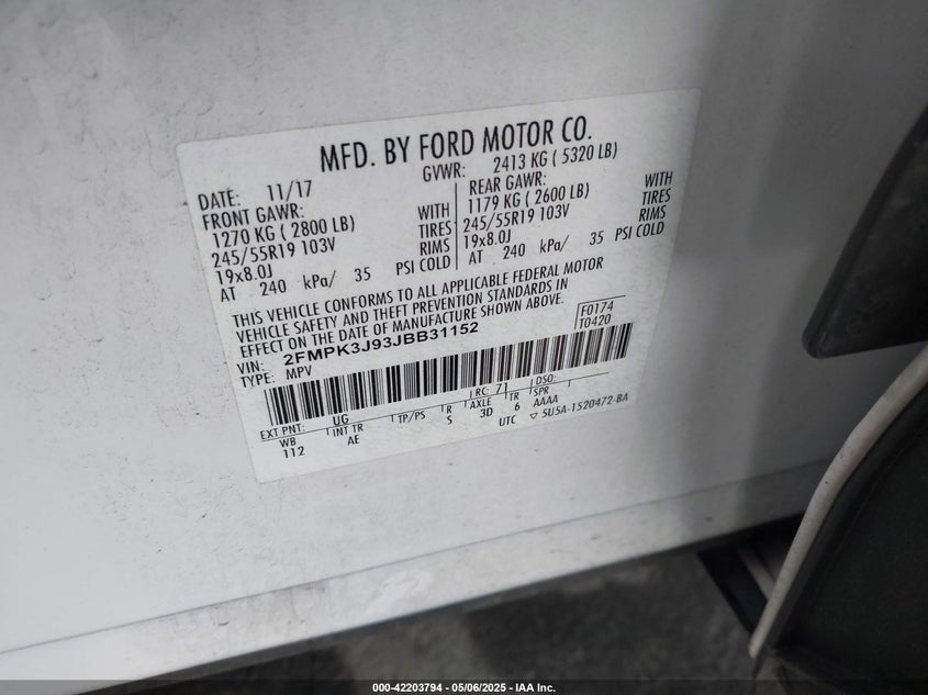 2018 FORD EDGE VIN: 2FMPK3J93JBB31152