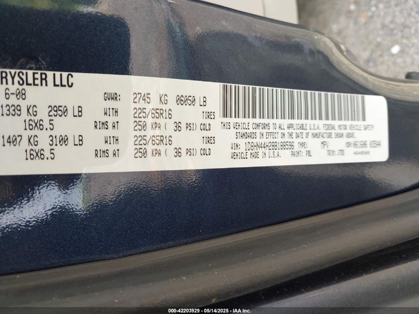 2008 Dodge Grand Caravan Se VIN: 1D8HN44H28B188596 Lot: 42203929