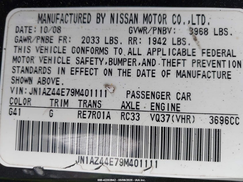 2009 NISSAN 370Z VIN: JN1AZ44E79M401111