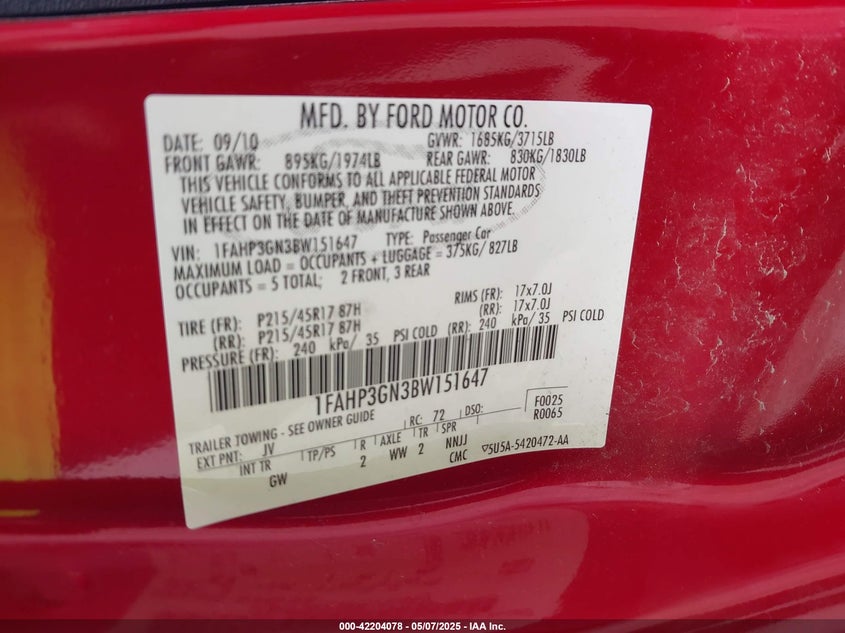 2011 FORD FOCUS VIN: 1FAHP3GN3BW151647