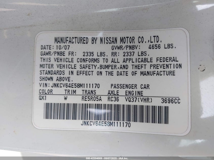 2008 INFINITI G37 VIN: JNKCV64E58M111170