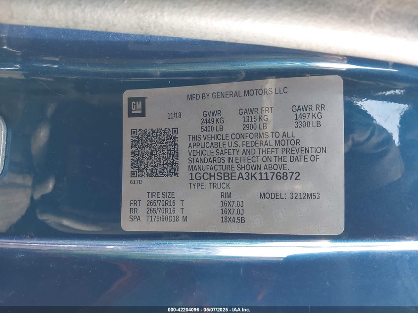 2019 CHEVROLET COLORADO VIN: 1GCHSBEA3K1176872