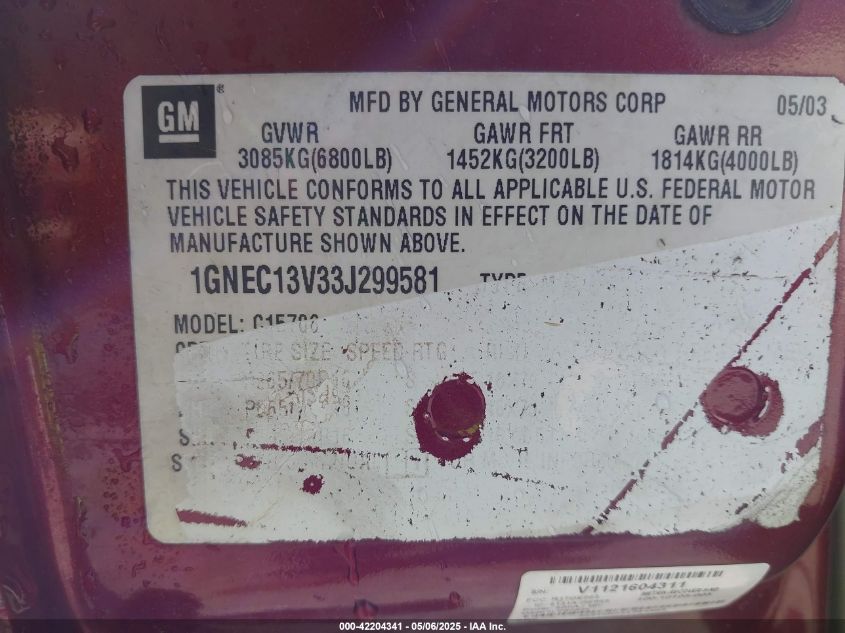 2003 Chevrolet Tahoe Ls VIN: 1GNEC13V33J299581 Lot: 42204341