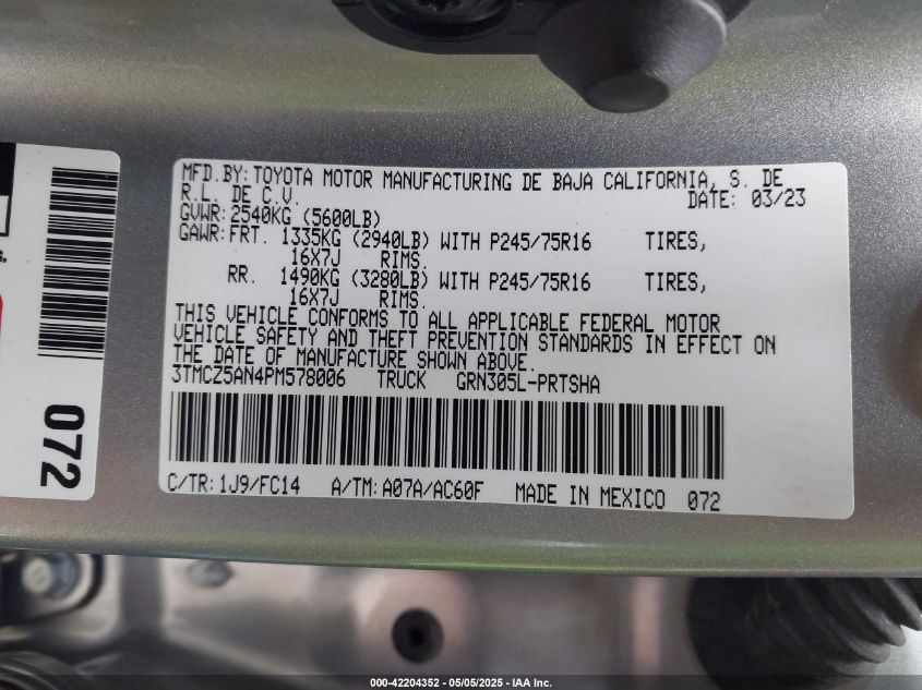 2023 Toyota Tacoma Sr5 V6 VIN: 3TMCZ5AN4PM578006 Lot: 42204352