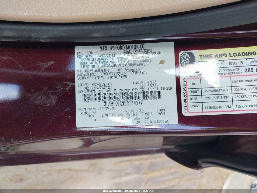 2011 FORD FUSION VIN: 3FAHP0JA8BR164577