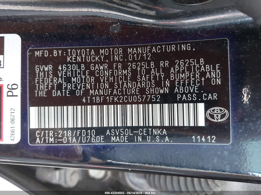 2012 TOYOTA CAMRY VIN: 4T1BF1FK2CU057752