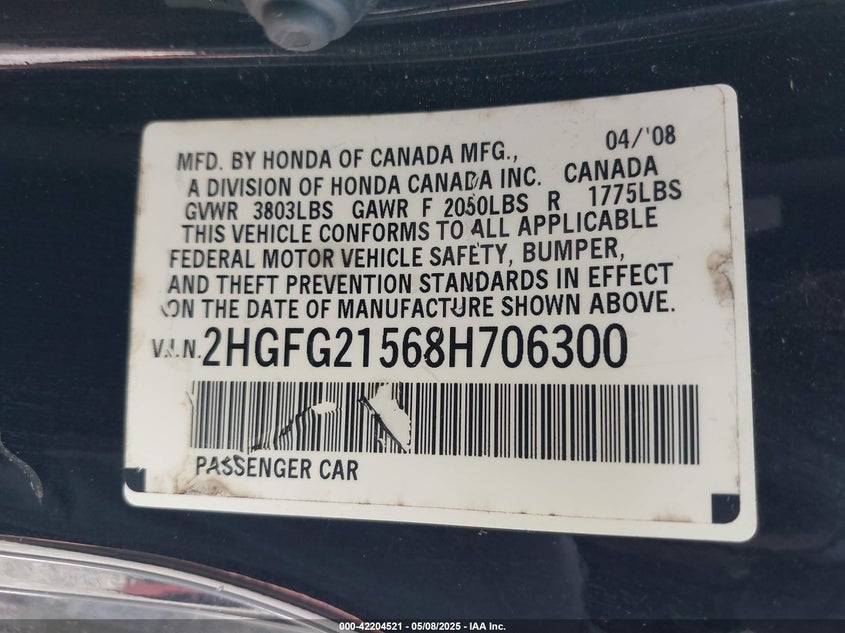 2008 Honda Civic Si VIN: 2HGFG21568H706300 Lot: 42204521