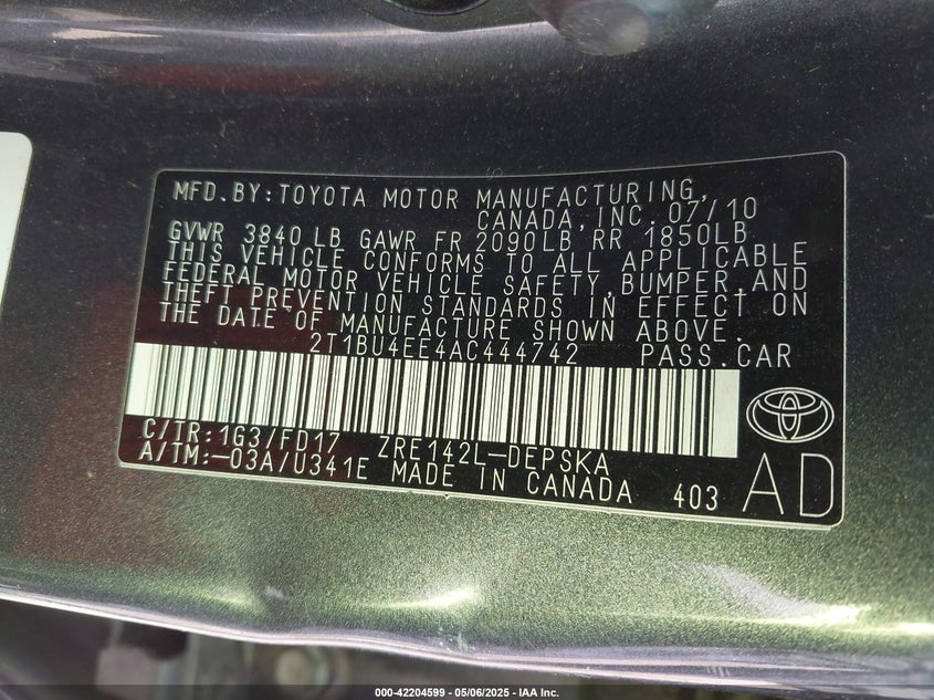 2010 TOYOTA COROLLA VIN: 2T1BU4EE4AC444742