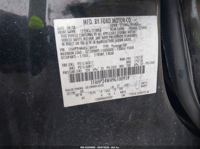 2009 Ford Taurus Sel VIN: 1FAHP24W49G100959 Lot: 42204690