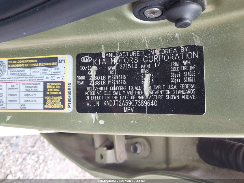 2012 Kia Soul VIN: KNDJT2A59C7389640 Lot: 42204957