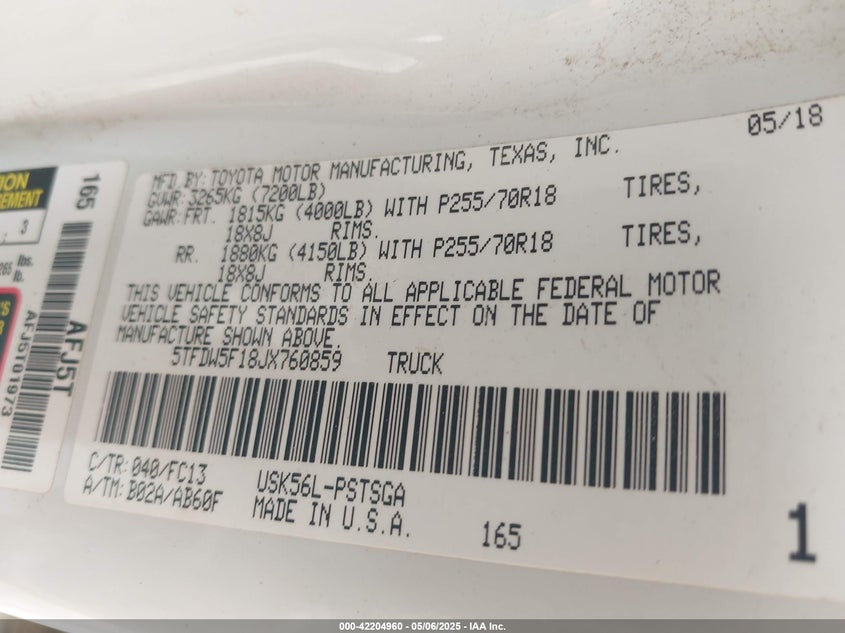 2018 TOYOTA TUNDRA SR5 5.7L V8 - 5TFDW5F18JX760859