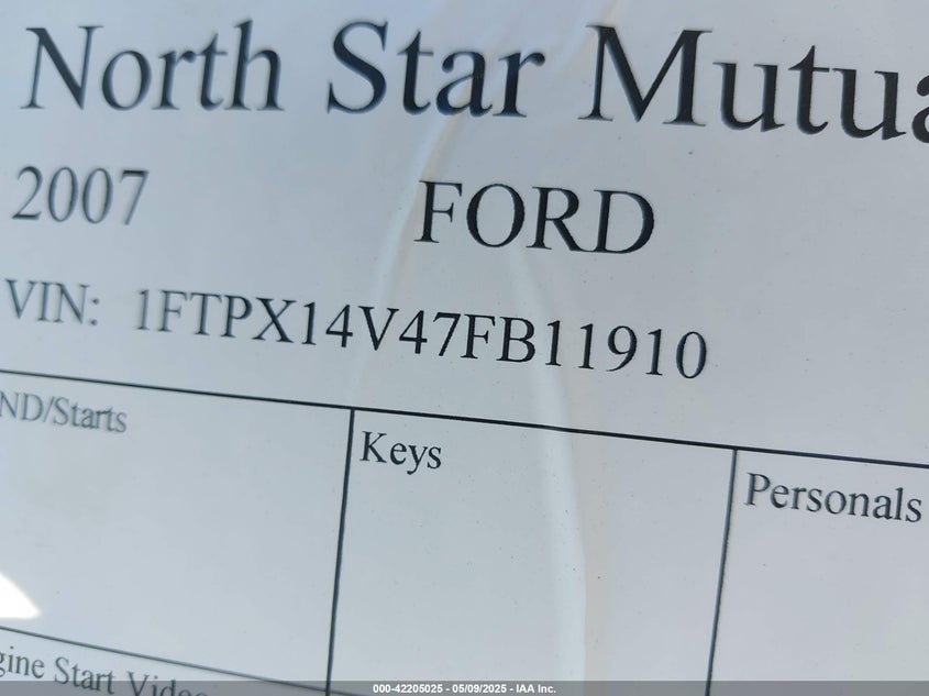 2007 FORD F-150 VIN: 1FTPX14V47FB11910