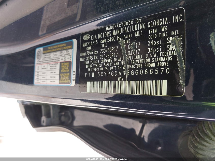 2016 KIA SORENTO VIN: 5XYPGDA38GG066570