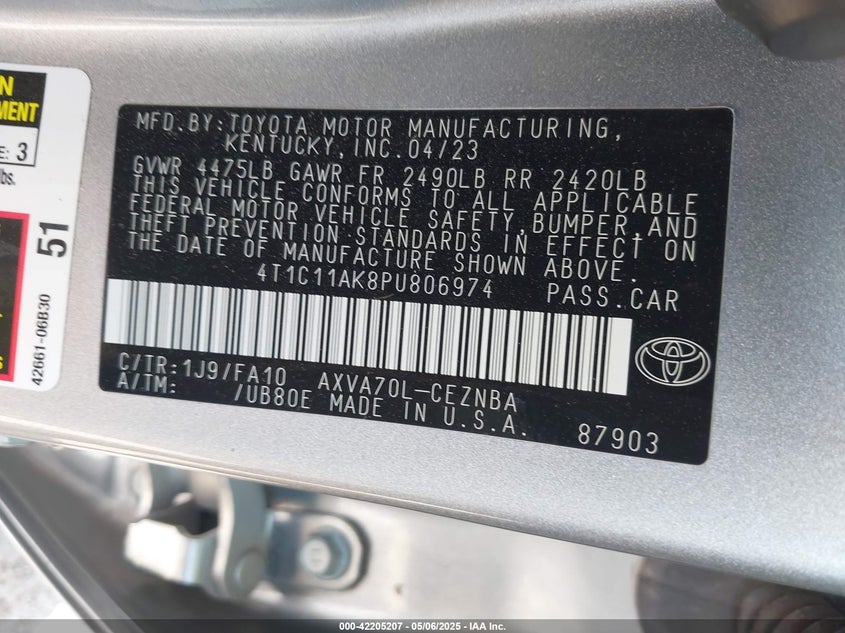 2023 TOYOTA CAMRY VIN: 4T1C11AK8PU806974