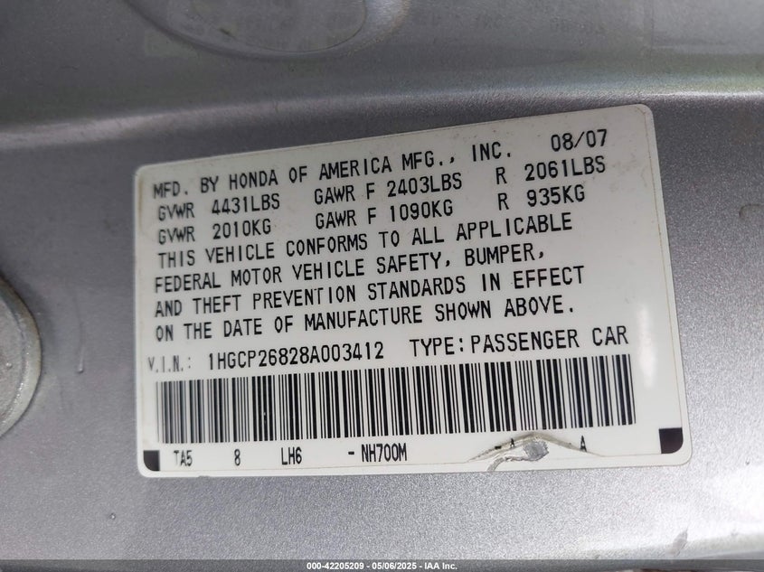 2008 HONDA ACCORD VIN: 1HGCP26828A003412