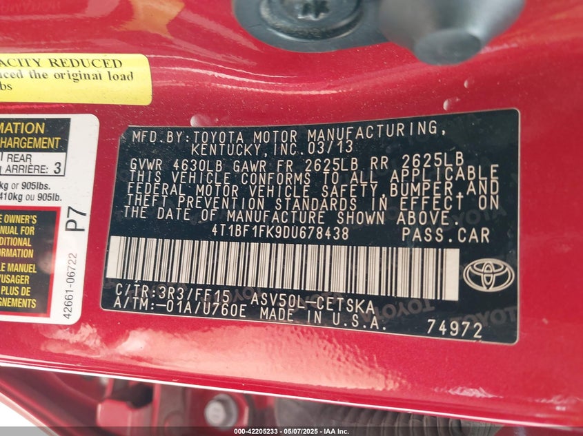 2013 TOYOTA CAMRY VIN: 4T1BF1FK9DU678438