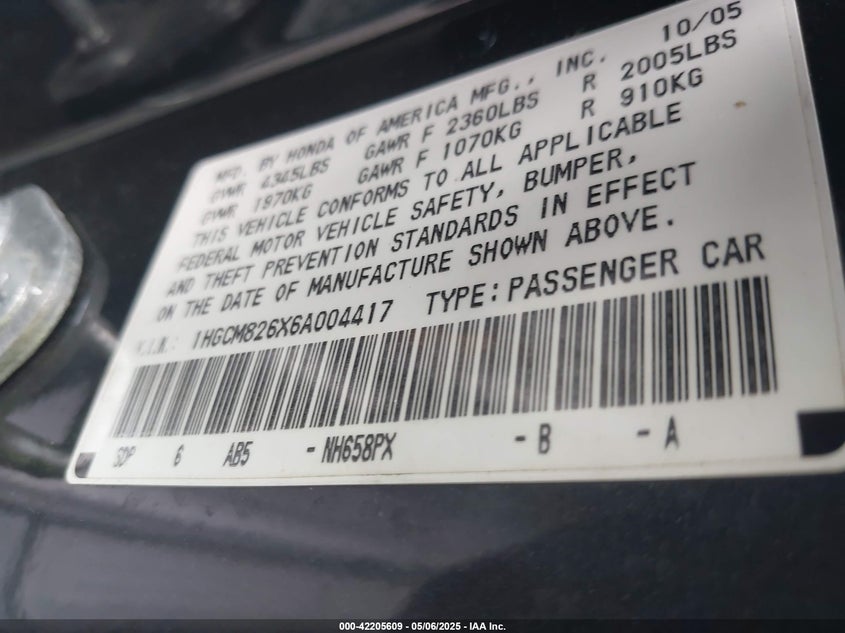 2006 HONDA ACCORD VIN: 1HGCM826X6A004417