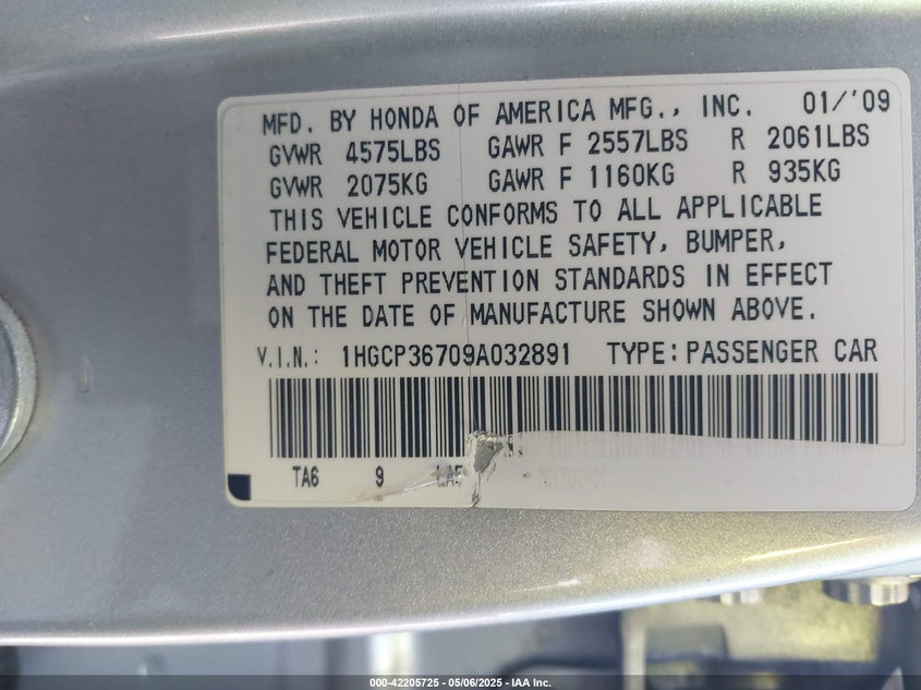 2009 HONDA ACCORD VIN: 1HGCP36709A032891