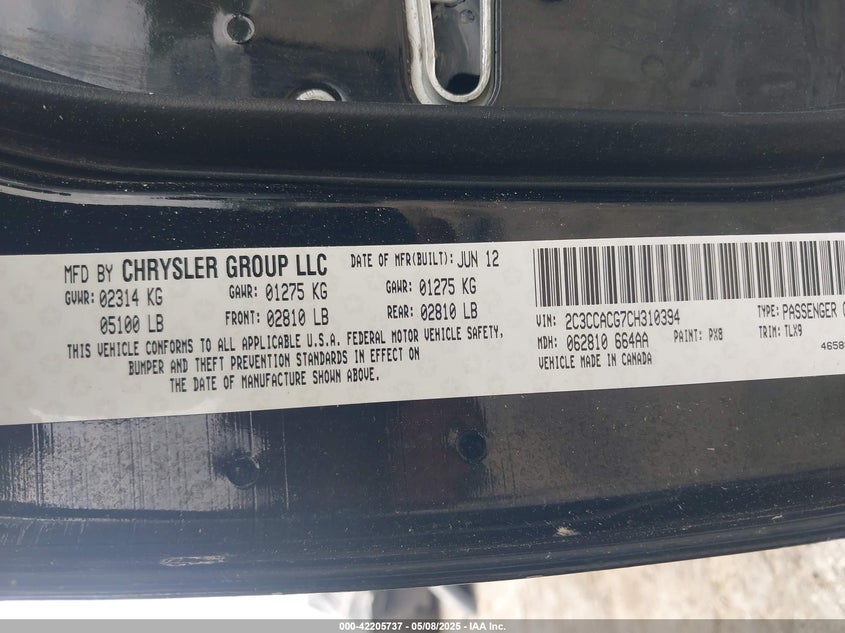 2012 Chrysler 300 Limited VIN: 2C3CCACG7CH310394 Lot: 42205737