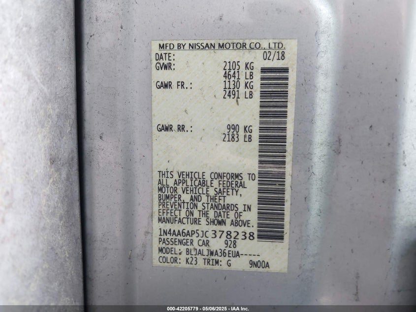 2018 NISSAN MAXIMA 3.5 SV - 1N4AA6AP5JC378238