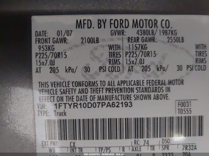 2007 FORD RANGER VIN: 1FTYR10D07PA62193