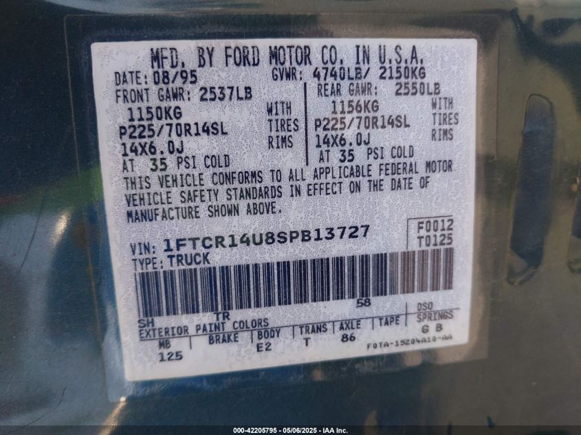 1995 Ford Ranger Super Cab VIN: 1FTCR14U8SPB13727 Lot: 42205795