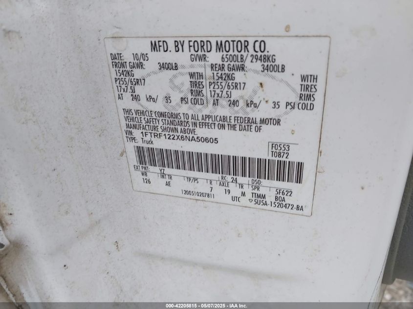 2006 Ford F-150 Stx/Xl/Xlt VIN: 1FTRF122X6NA50605 Lot: 42205815