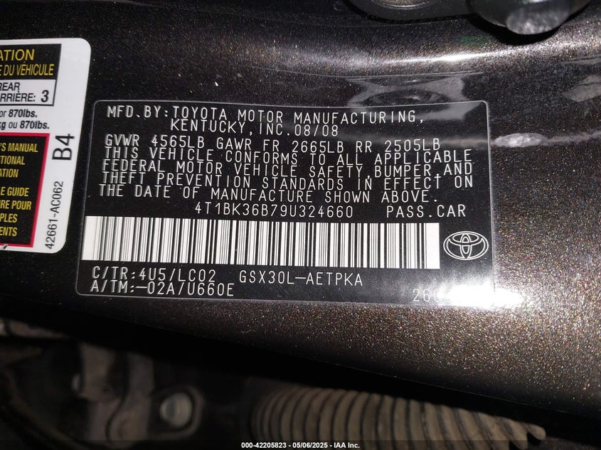 2009 TOYOTA AVALON VIN: 4T1BK36B79U324660