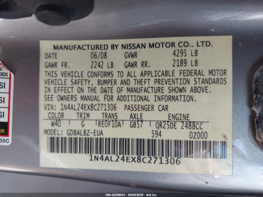 2008 NISSAN ALTIMA VIN: 1N4AL24EX8C271306