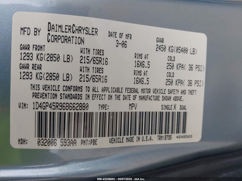2006 DODGE CARAVAN VIN: 1D4GP45R96B662880