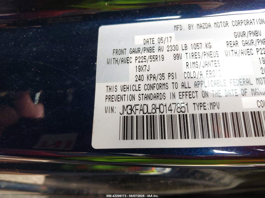 VIN JM3KFADL8H0147851 2017 MAZDA CX-5 GRAND TOURING