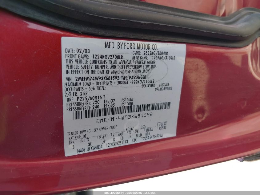 2003 Mercury Grand Marquis Gs VIN: 2MEFM74W93X681592 Lot: 42206181