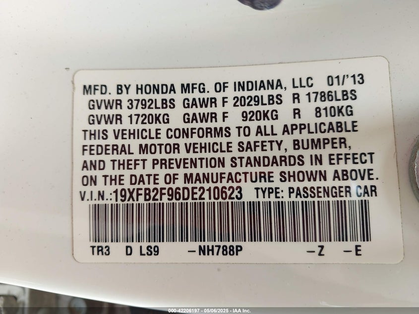 2013 HONDA CIVIC VIN: 19XFB2F96DE210623