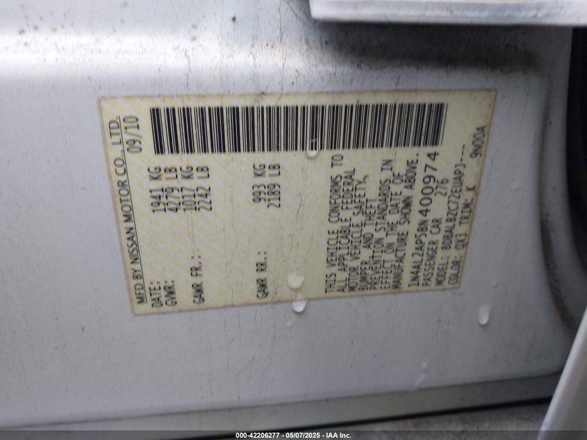 2011 NISSAN ALTIMA VIN: 1N4AL2AP5BN400974