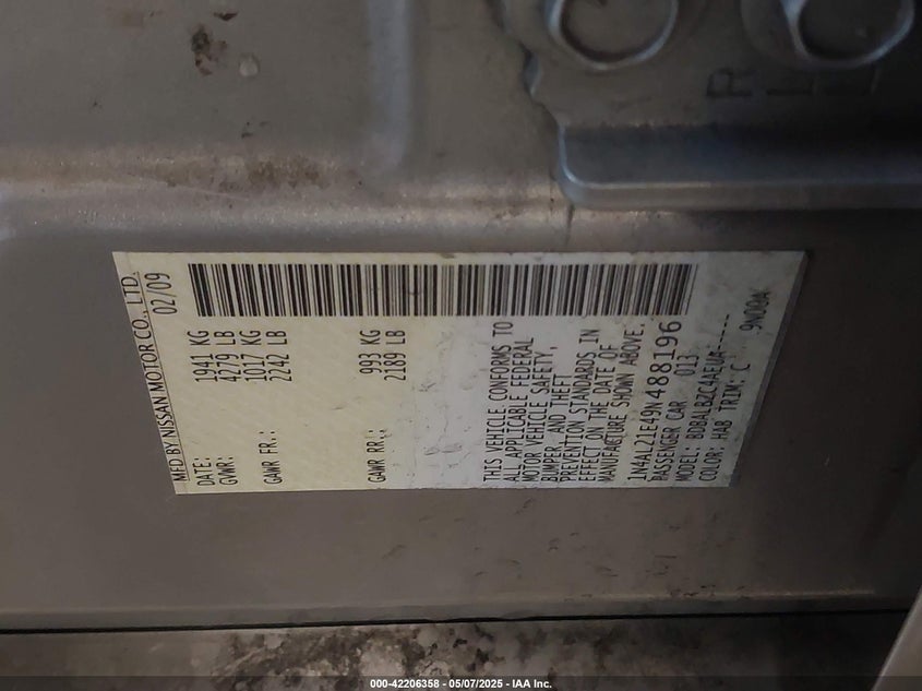 2009 NISSAN ALTIMA VIN: 1N4AL21E49N488196