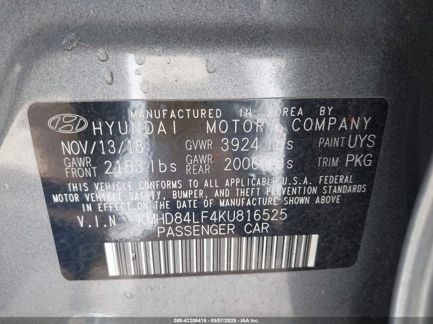 2019 HYUNDAI ELANTRA VIN: KMHD84LF4KU816525