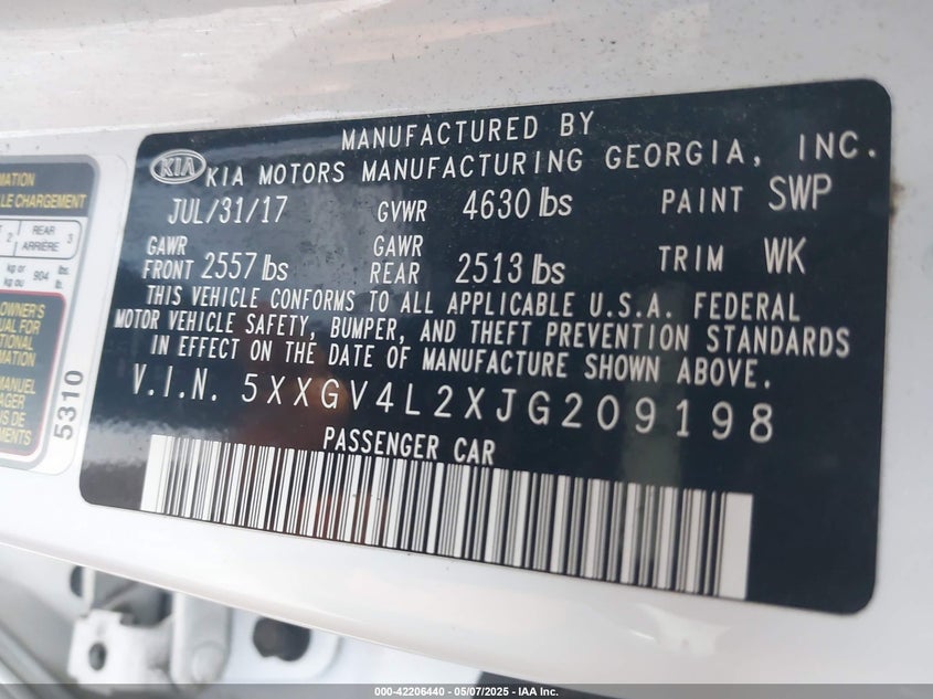 2018 KIA OPTIMA VIN: 5XXGV4L2XJG209198